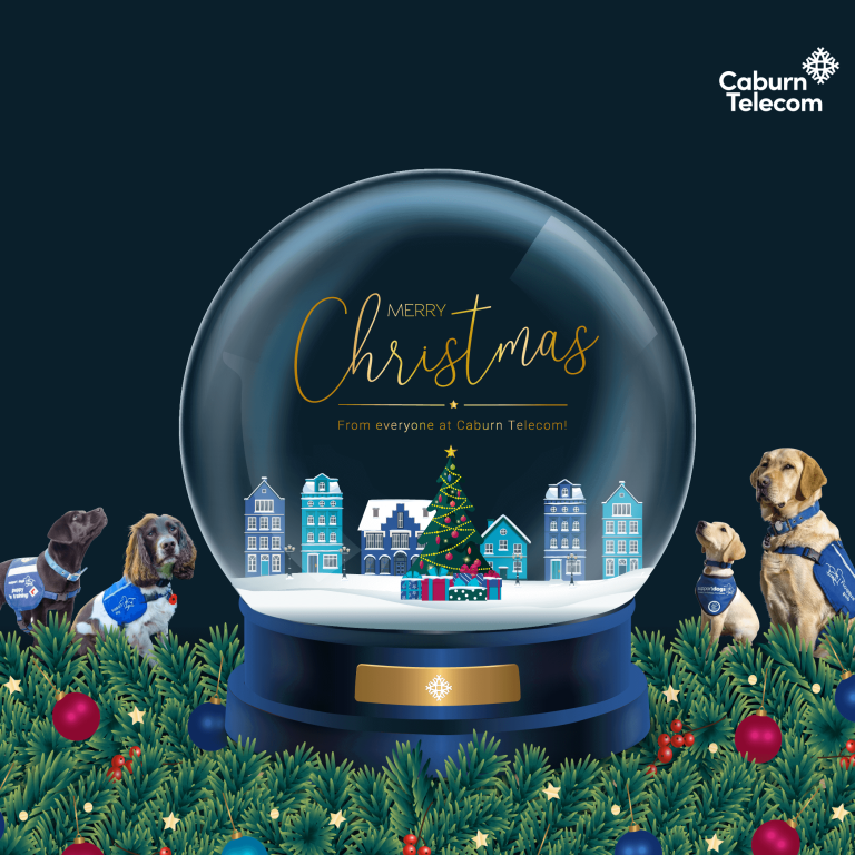 Caburn Telecom snow globe with support dogs.