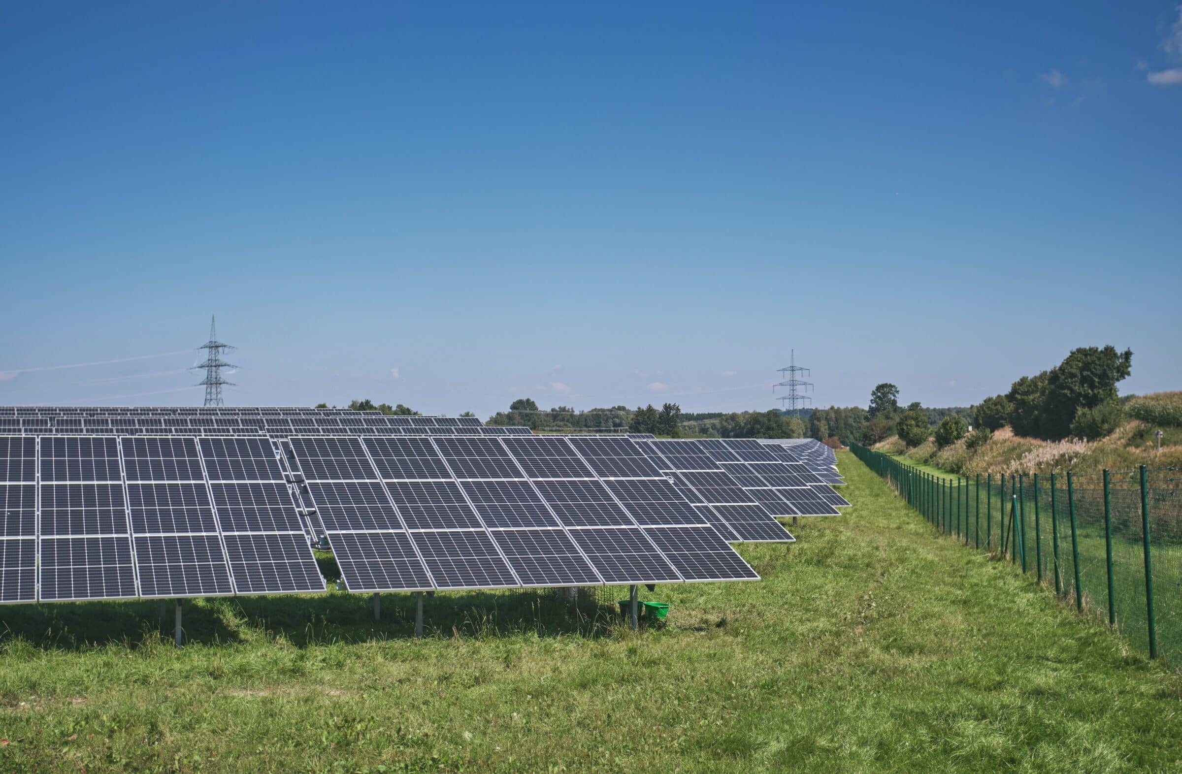 solar panel farm with blue sky background